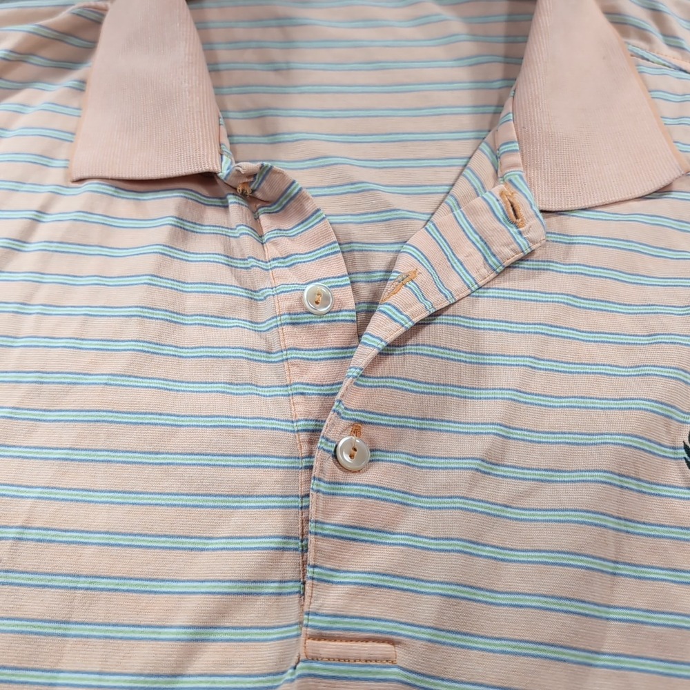 Peter Millar Comfort Polo Shirt Mens L‎ Peach Striped Golf Activewear Pink - Picture 6 of 9